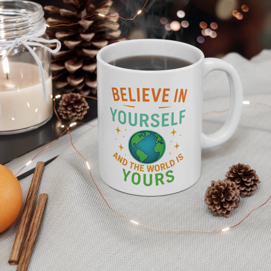 Inspirational ceramic mug featuring bright globe & positive world is yours message for daily motivation by The Print Harbour