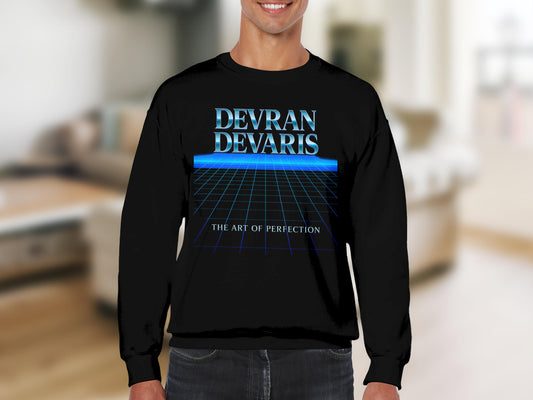 Black — Devran Devaris retro grid graphic on black unisex crewneck sweatshirt, crisp blue horizon print, relaxed fit, premium quality streetwear.