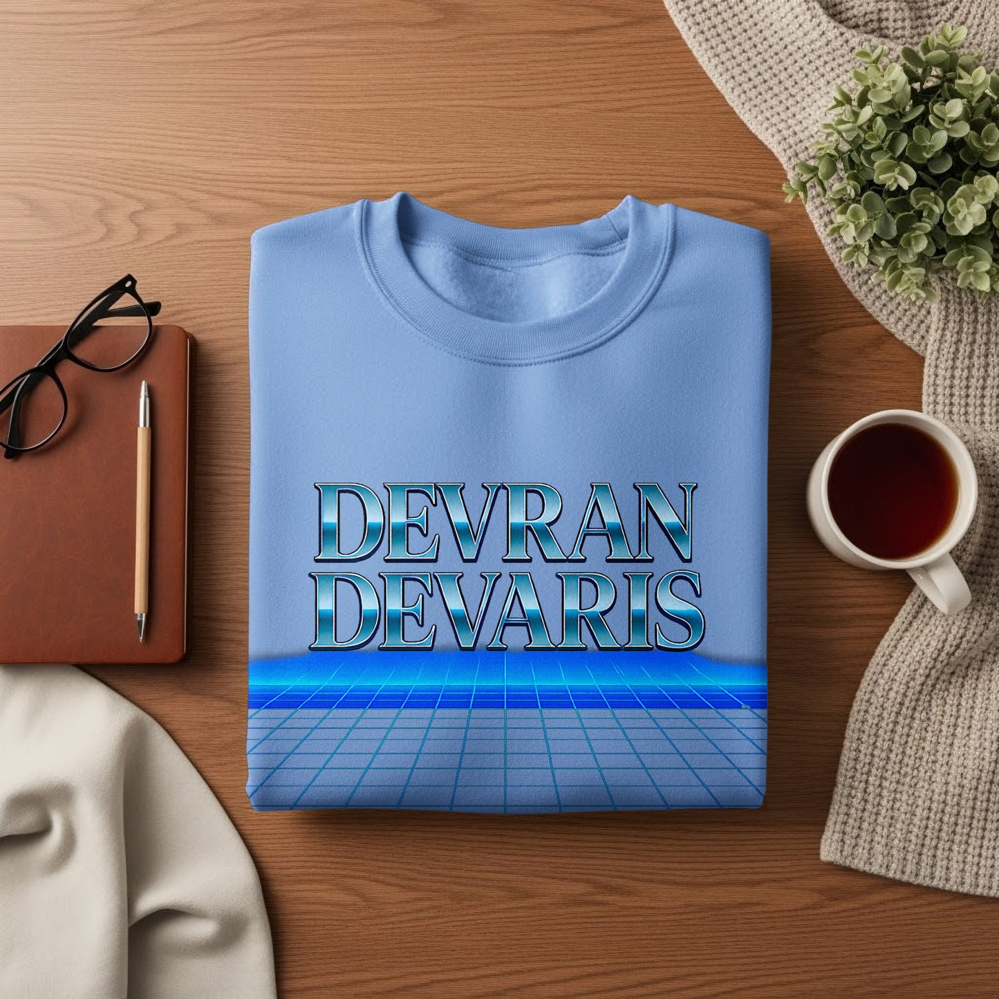 Carolina Blue — Devran Devaris retro grid sweatshirt with metallic logo and blue horizon, unisex graphic crewneck jumper, premium fleece, UK streetwear.