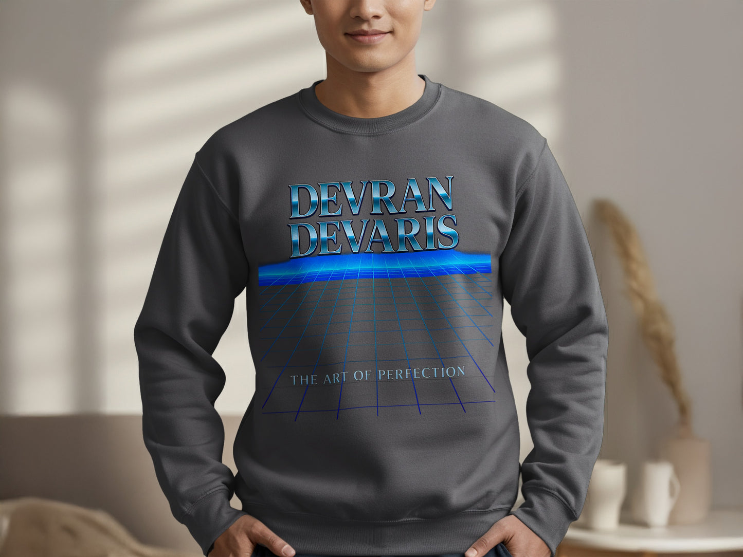 Charcoal — Devran Devaris 80s grid graphic sweatshirt, luminous blue horizon print, relaxed unisex jumper, The Art of Perfection, modern streetwear.