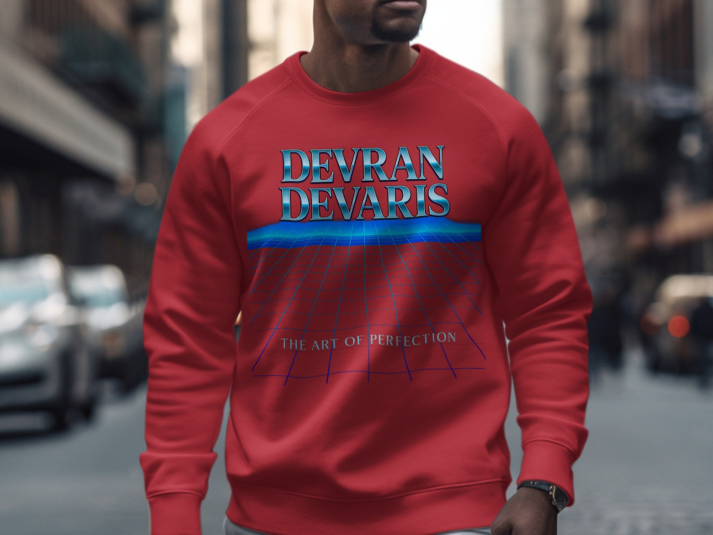 Cherry Red — Devran Devaris retro grid sweatshirt in cherry red, metallic logo, unisex graphic jumper, urban streetwear look, soft mid-weight fleece.