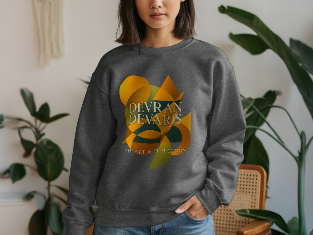 Dark Heather — Devran Devaris abstract gold geometric sweatshirt, unisex crewneck jumper, premium fleece, relaxed fit, streetwear UK.