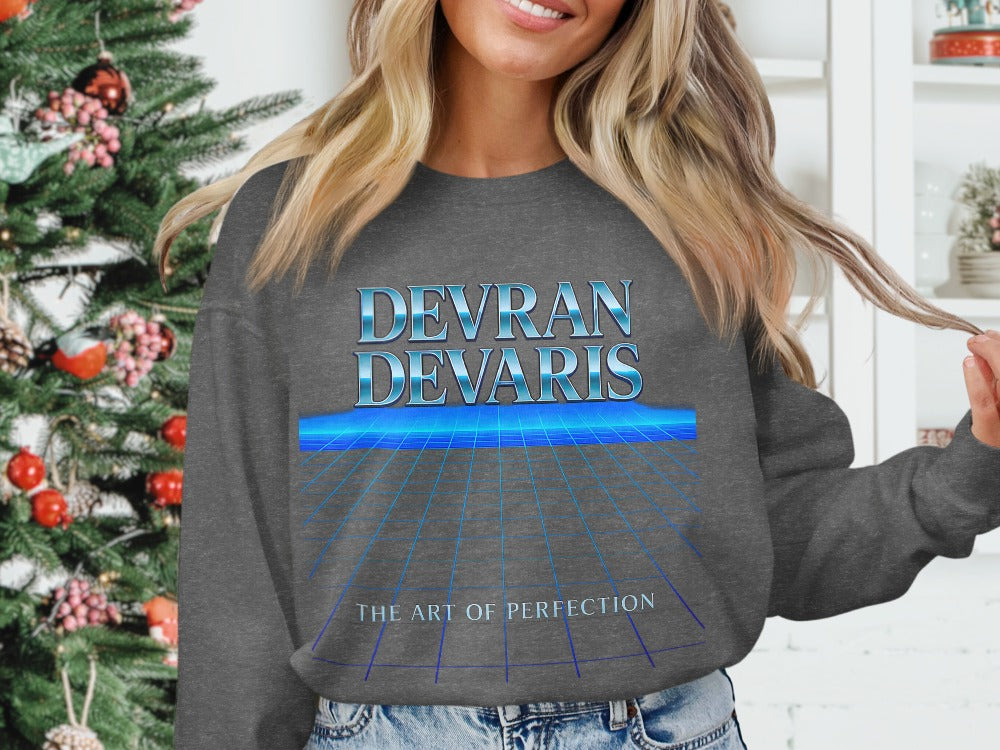 Dark Heather — Devran Devaris retro grid sweatshirt with metallic logo and blue horizon, dark heather unisex crewneck, soft fleece, The Art of Perfection.