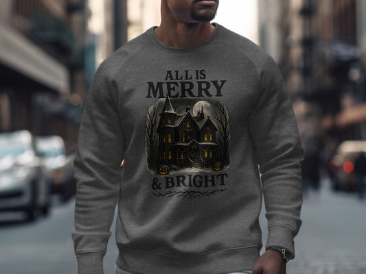 Dark heather haunted Christmas sweatshirt with gothic “All Is Merry & Bright” print showing moonlit Victorian house and glowing pumpkins. Warm, unisex crewneck crafted from soft fleece cotton blend. Perfect for Halloween and Christmas crossover outfits. Durable DTG print for long-lasting wear, ethically made in the UK by The Print Harbour for lovers of dark festive style.