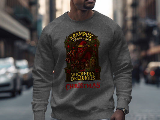 Dark heather Krampus Candy Shop sweatshirt featuring spooky Christmas candy design and wicked gothic festive style.