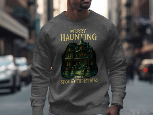 Dark heather Merry Haunting Christmas sweatshirt with gothic haunted house design, spooky festive jumper by The Print Harbour