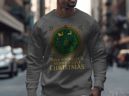 Dark heather Christmas jumper featuring gold ornament and holly artwork, warm winter style by The Print Harbour