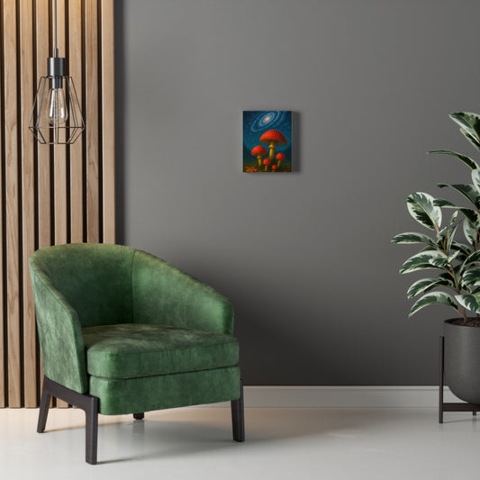Small cosmic mushroom canvas on grey wall beside green chair, fantasy galaxy artwork by The Print Harbour