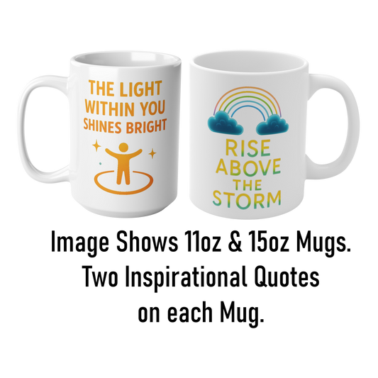 Inspirational dual-sided mug featuring the light within you shines bright quote in warm colours, by The Print Harbour