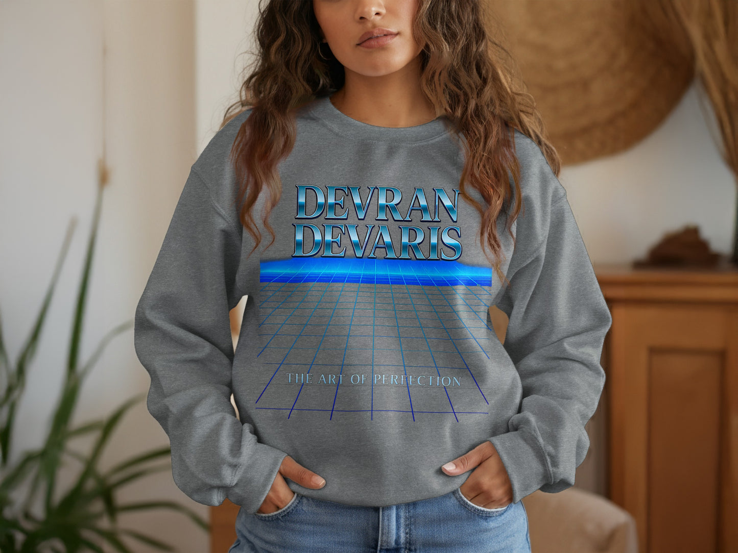 Graphite Heather — Devran Devaris retro grid unisex sweatshirt, graphite heather crewneck with blue horizon print, soft fleece, minimalist modern style.