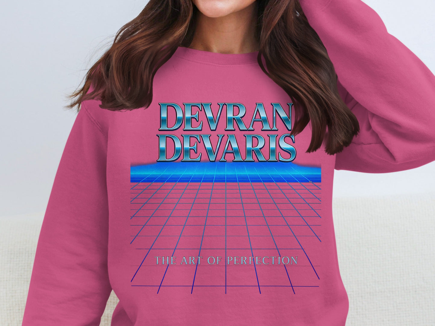 Heliconia — Bright pink Devran Devaris neon grid sweatshirt, bold retro graphic crewneck, unisex fit, soft fleece, statement fashion for streetwear lovers.