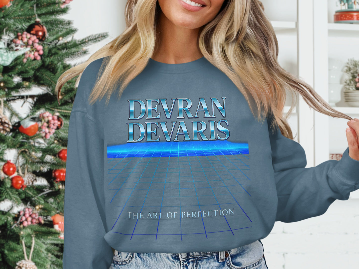 Indigo Blue — Devran Devaris vintage-inspired grid graphic crewneck, indigo blue unisex sweatshirt, premium DTG, modern streetwear comfort.