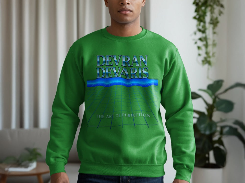 Irish Green — Irish green Devran Devaris retro grid graphic sweatshirt, unisex crewneck jumper, premium fleece, modern UK streetwear.