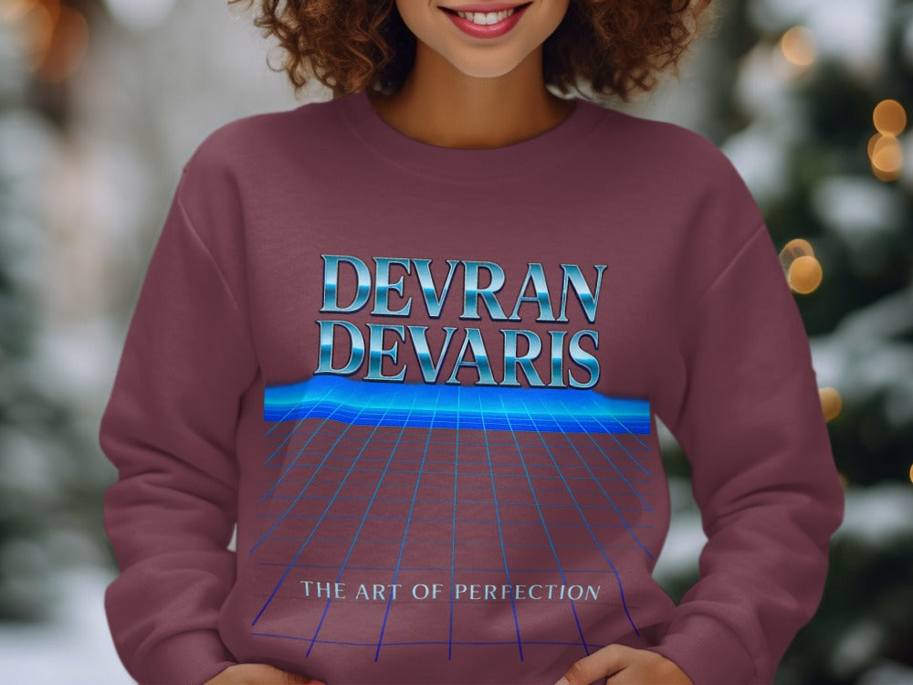 Maroon — Maroon Devran Devaris 80s grid sweatshirt with metallic lettering, unisex relaxed jumper, soft mid-weight fleece, statement style.