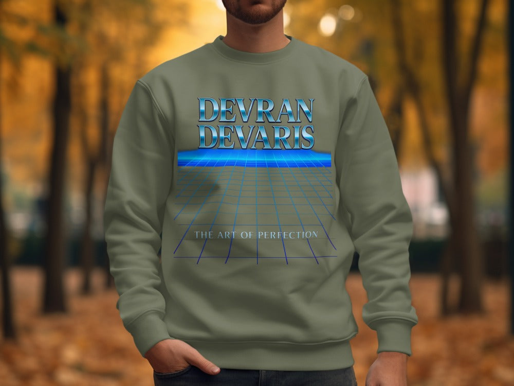Military Green — Military green Devran Devaris blue grid sweatshirt, unisex streetwear jumper, relaxed fit, The Art of Perfection design.
