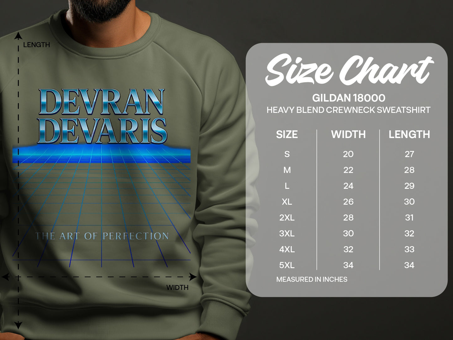 Military green Devran Devaris retro grid sweatshirt with on-image Gildan 18000 size chart showing width and length in inches (S–5XL), unisex crewneck, premium fleece, UK streetwear.