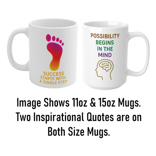 Pair of motivational mugs featuring success and mindset quotes in bold colours, ideal inspirational UK gift by The Print Harbour