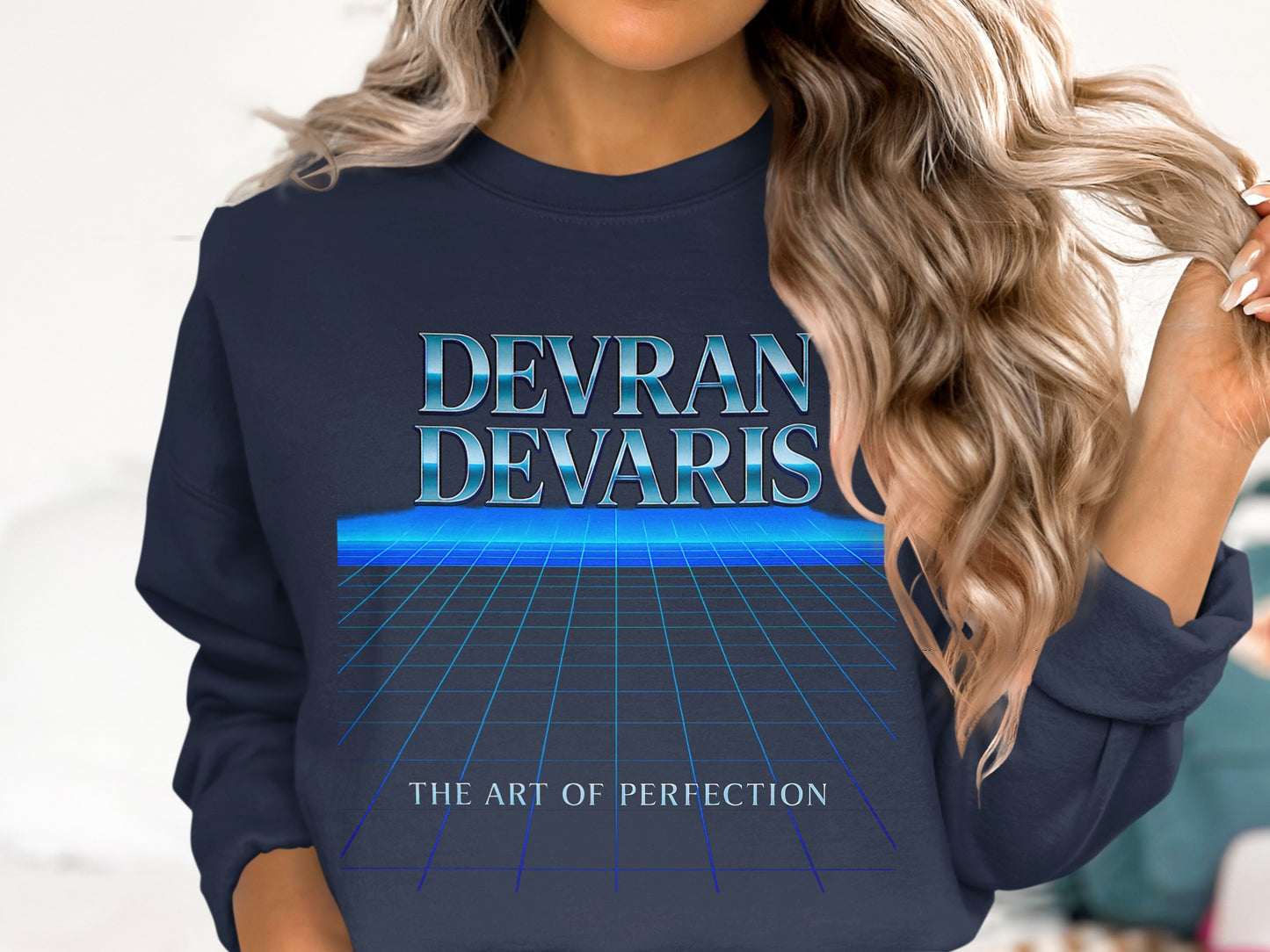 Navy — Devran Devaris futuristic blue grid design on navy crewneck, unisex graphic sweatshirt, premium DTG print, everyday UK streetwear style.