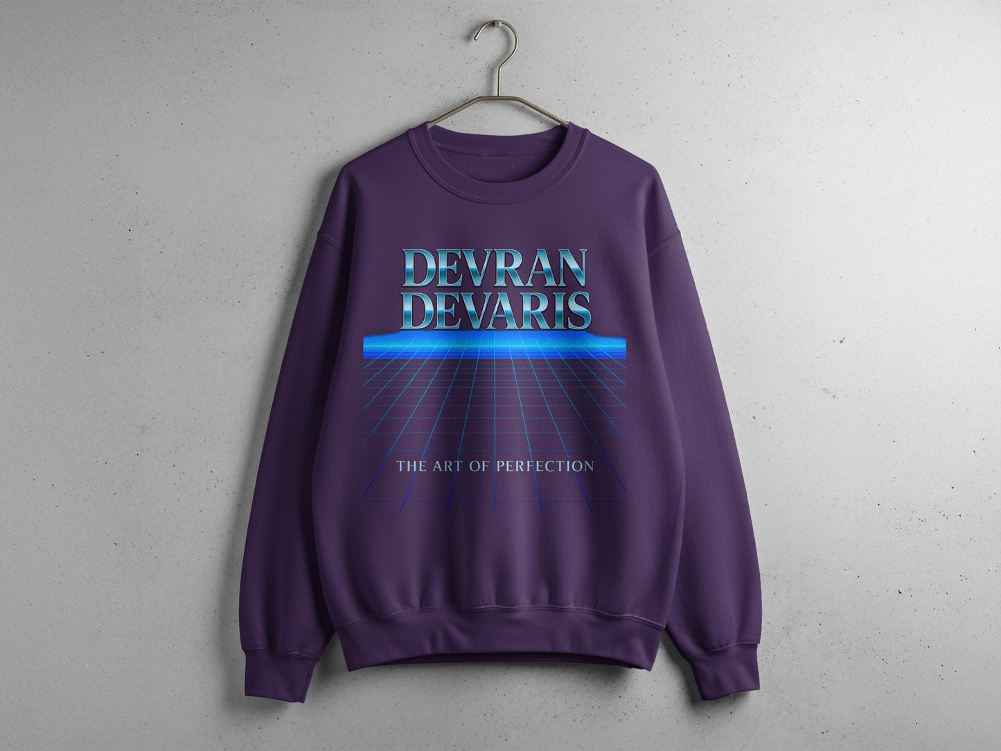 Purple — Devran Devaris retro sci-fi grid artwork on purple sweatshirt, unisex jumper, soft fleece comfort, premium graphic streetwear aesthetic.