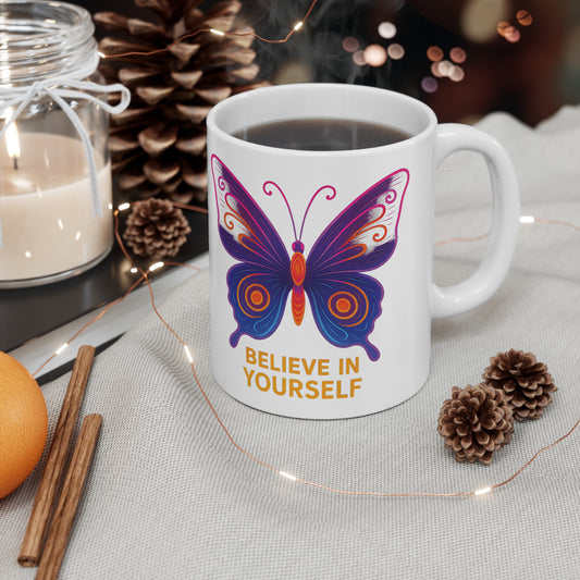 Gradient butterfly Believe In Yourself mug with warm tones, perfect empowering drinkware by The Print Harbour