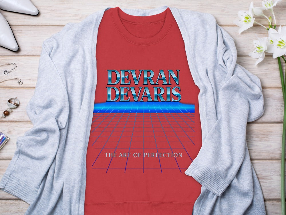 Red — Red Devran Devaris neon blue grid jumper, bold graphic crewneck, unisex streetwear, premium DTG print and comfortable fit.