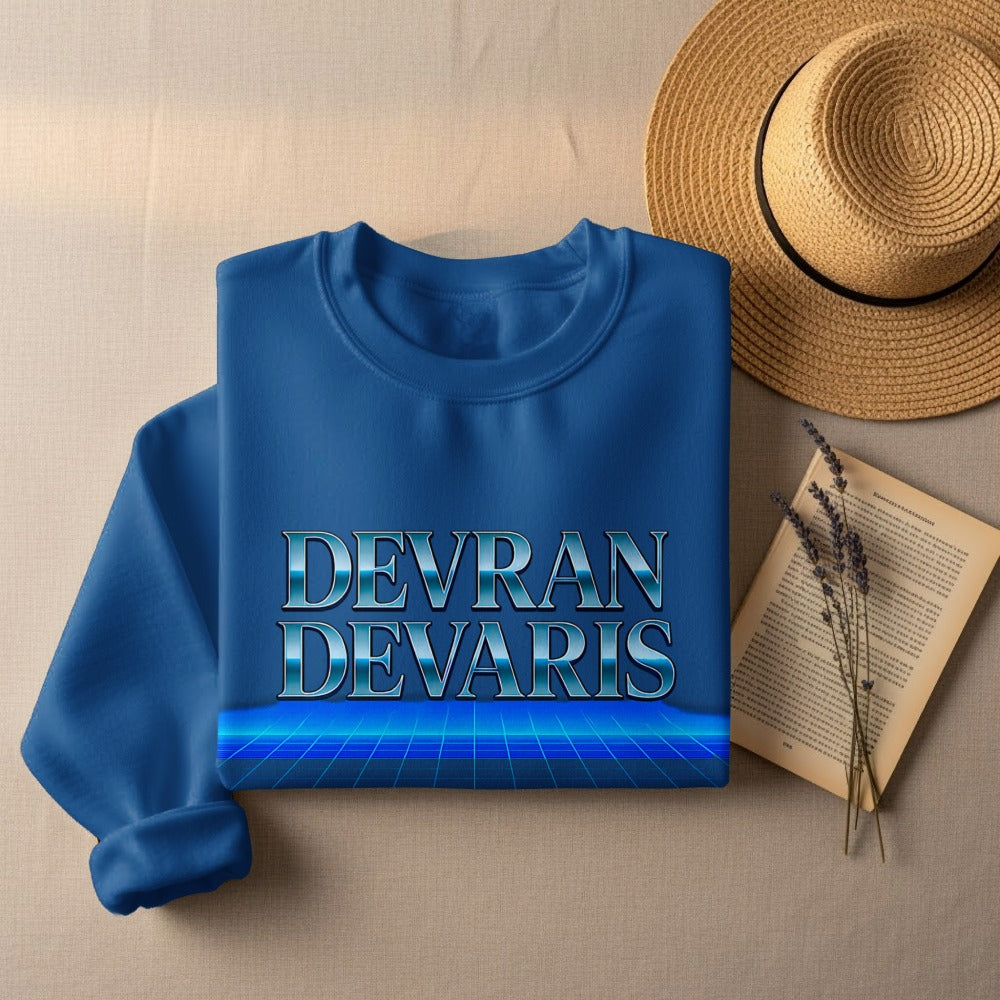 Royal — Royal blue Devran Devaris retro grid crewneck, unisex graphic sweatshirt, premium quality, vintage-inspired streetwear aesthetic.