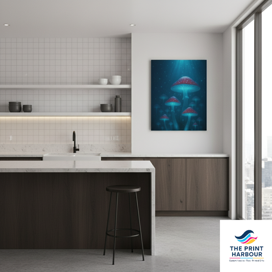 The Print Harbour glowing mushroom canvas wall art featured in sleek kitchen décor, modern nature artwork UK.