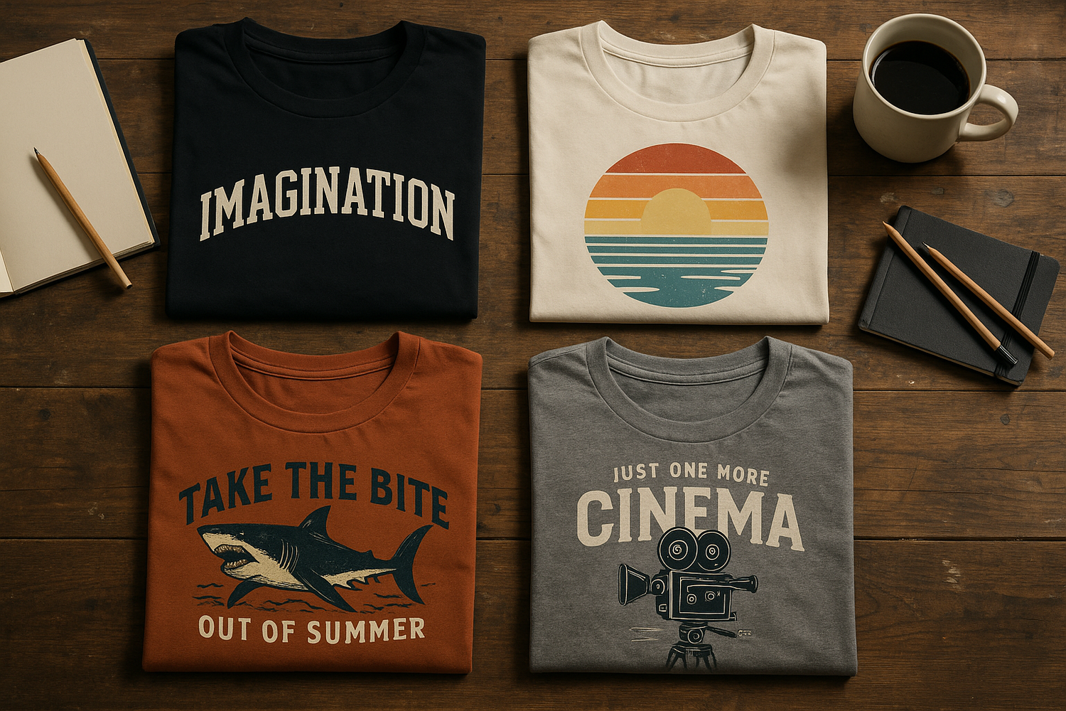 Quality T Shirts, Four folded graphic T-shirts on a rustic wooden table with coffee and pencils. Designs include IMAGINATION text, retro sunset, shark print, and vintage cinema graphic. Warm lighting and earthy tones create an artisan, creative vibe.