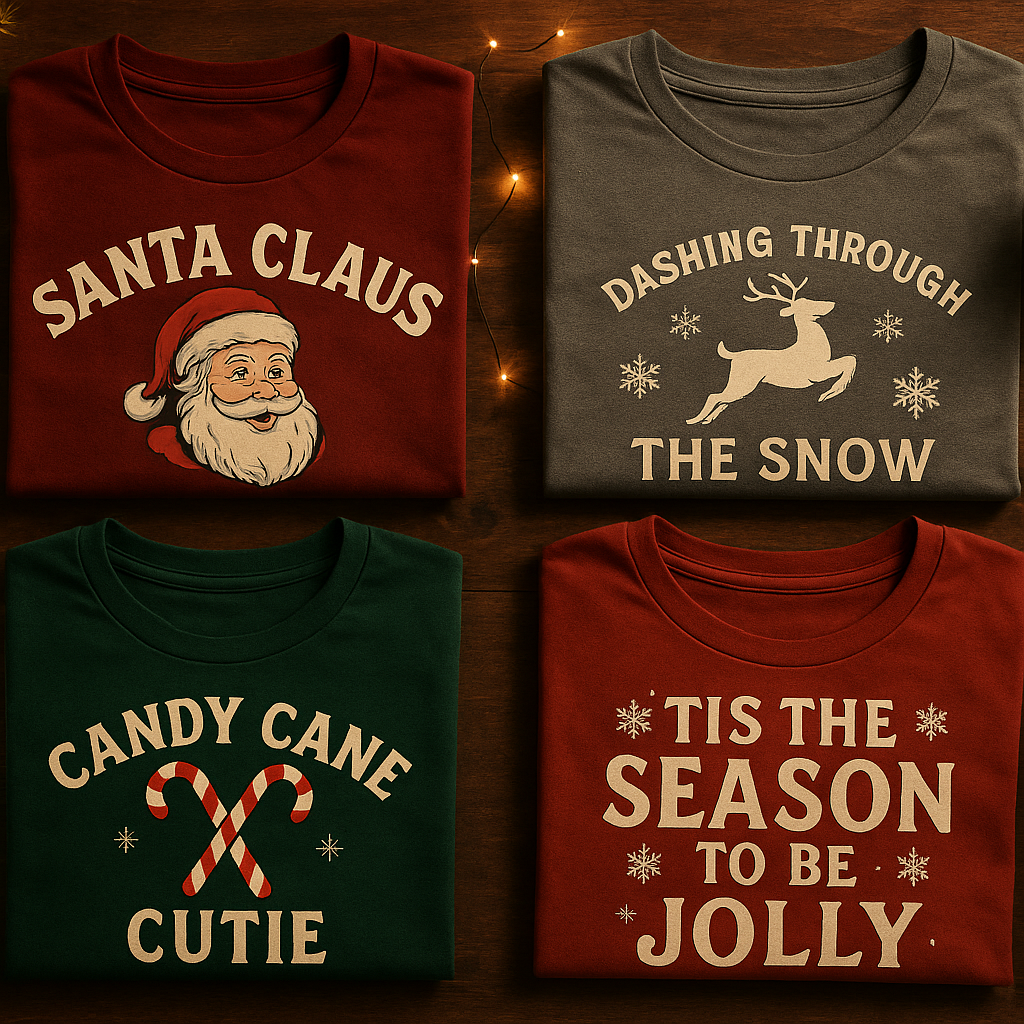 Four folded Christmas T-shirts on a rustic wooden table with pine branches, fairy lights, and a mug of cocoa. Designs feature Santa, reindeer, candy canes, and festive quotes.