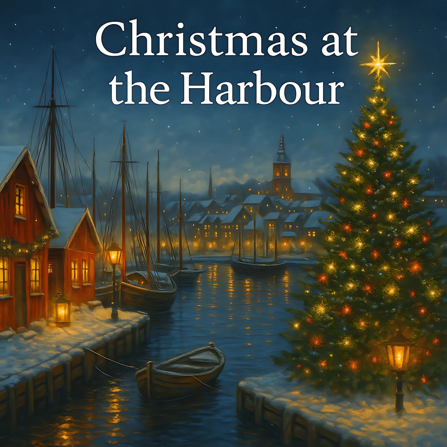 Christmas Harbour Collection: snow-covered docks, glowing cabins & decorated tree by calm water - The Print Harbour banner