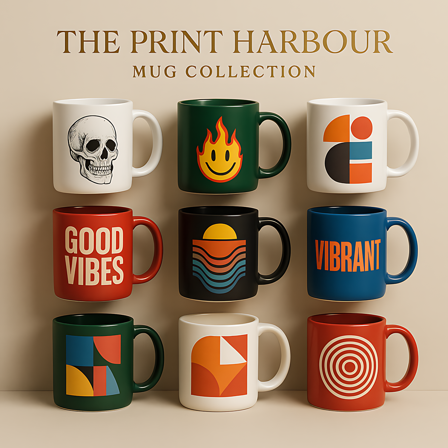 Nine colourful graphic mugs arranged in a 3x3 lifestyle grid with modern designs for a stylish display by The Print Harbour