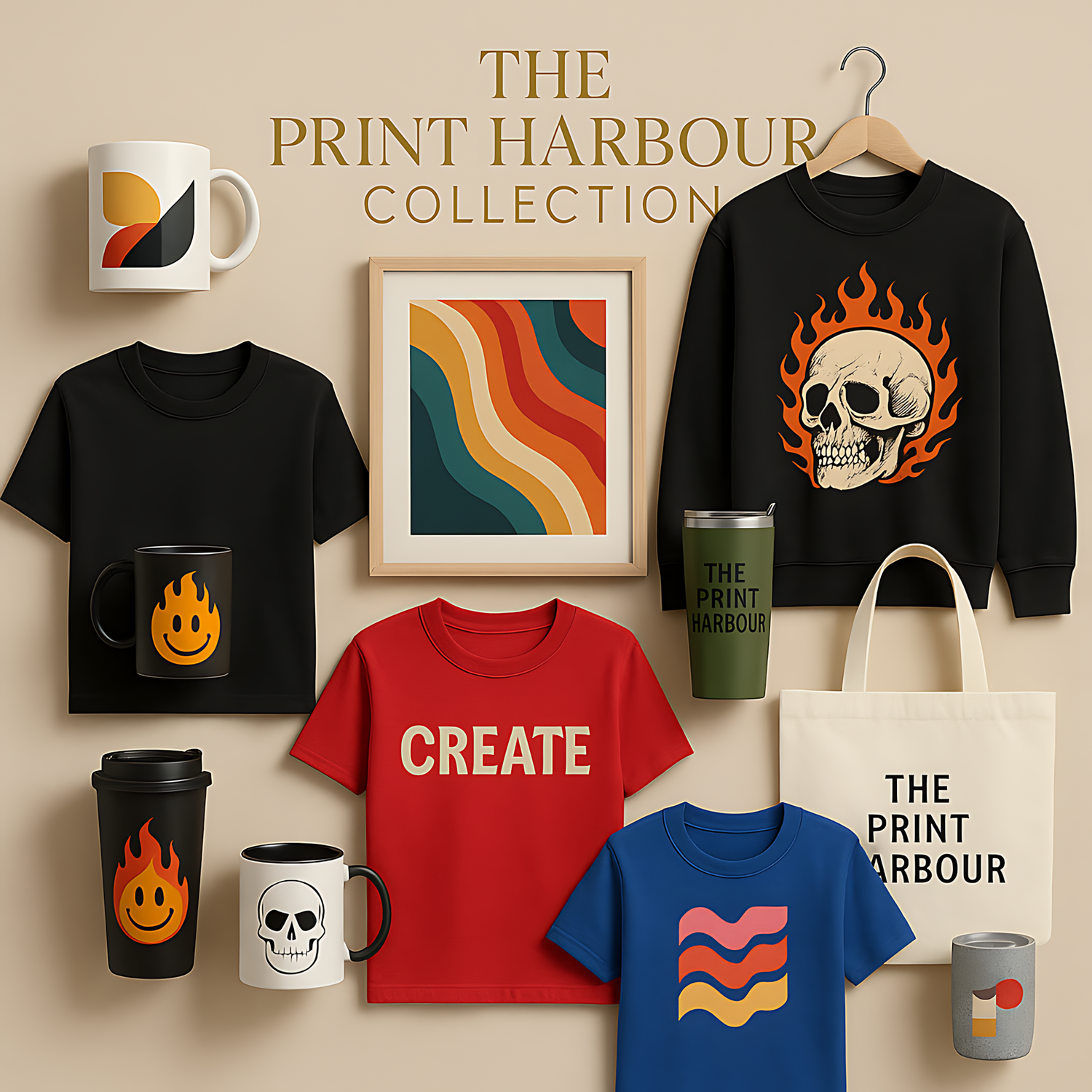 Mixed Print Harbour products including mugs, shirts, sweatshirt, tote bag & wall art arranged in a stylish lifestyle display