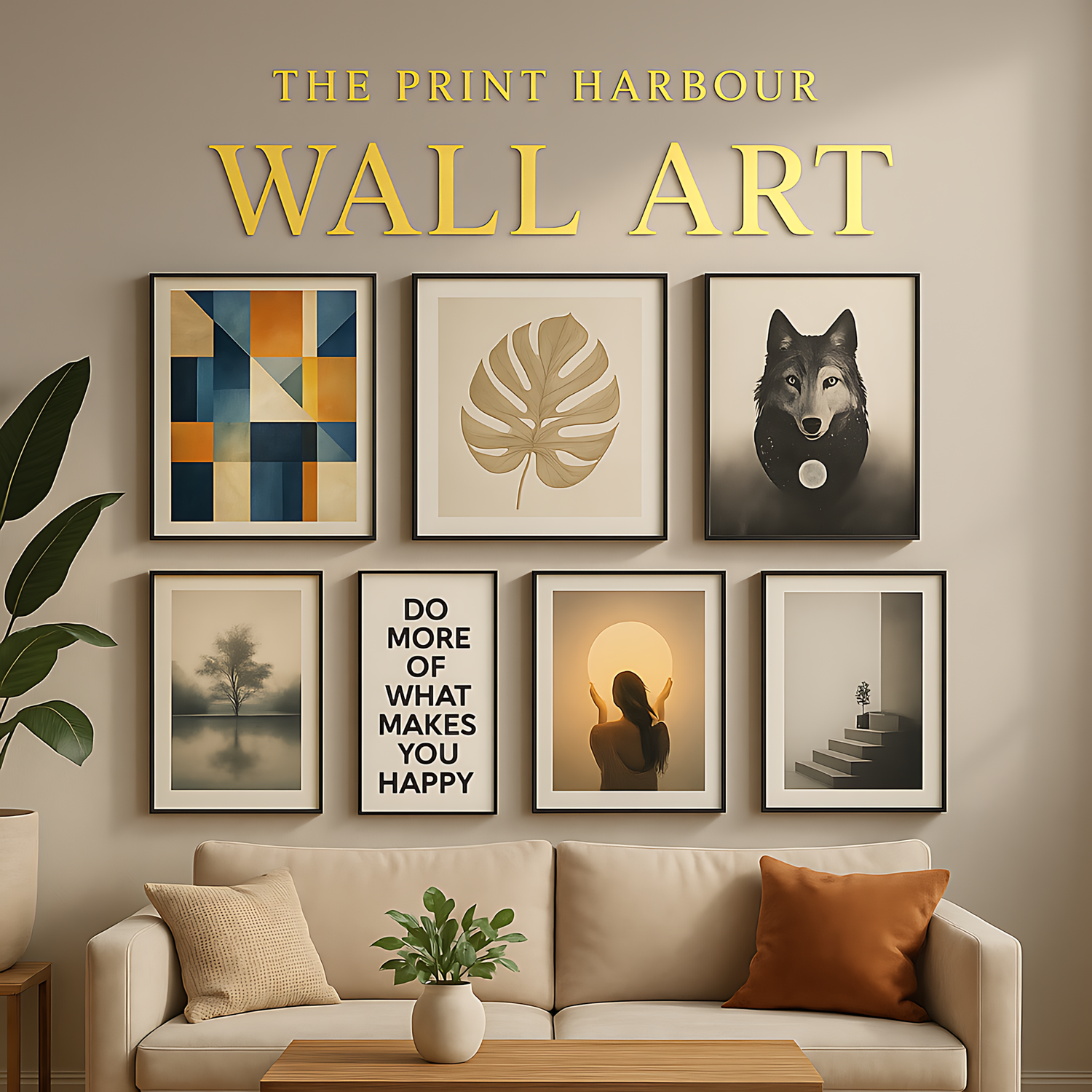 Canvas wall art gallery display UK - geometric botanical prints ready to hang above sofa - The Print Harbour home decor