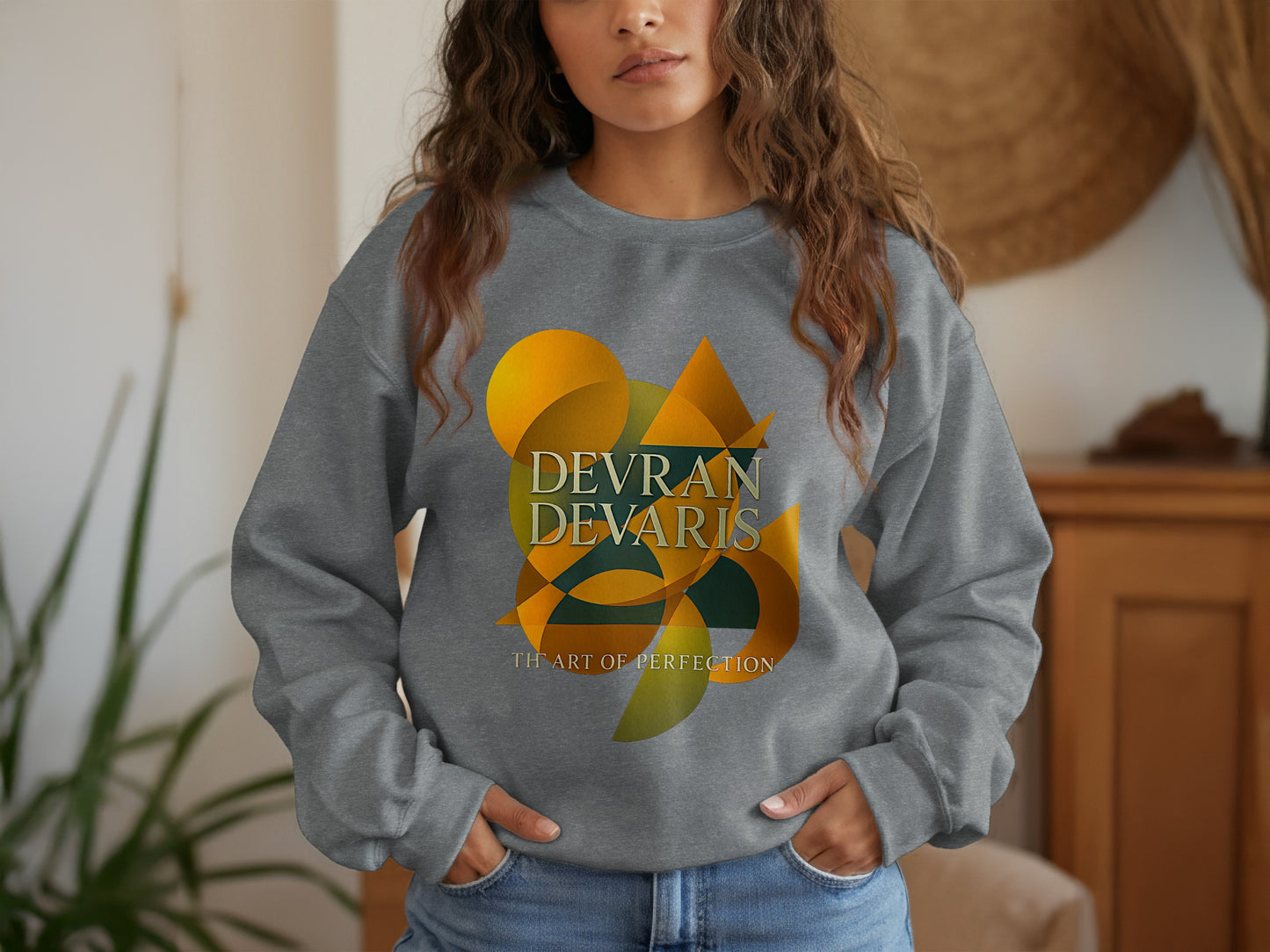 Abstract geometric design sweatshirt for men and women, created with bold artistic detail. UK-made premium crewneck combining comfort, durability, and unique Devran Devaris style perfect for contemporary streetwear enthusiasts.