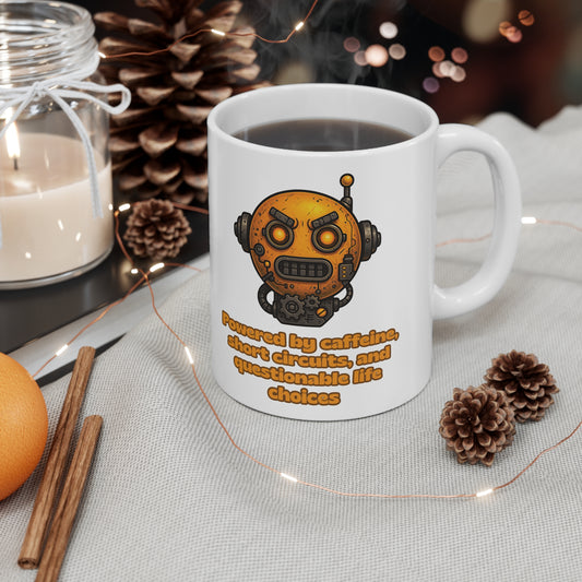 Steaming mug with angry robot illustration in cosy autumn setting with lights and decor by The Print Harbour