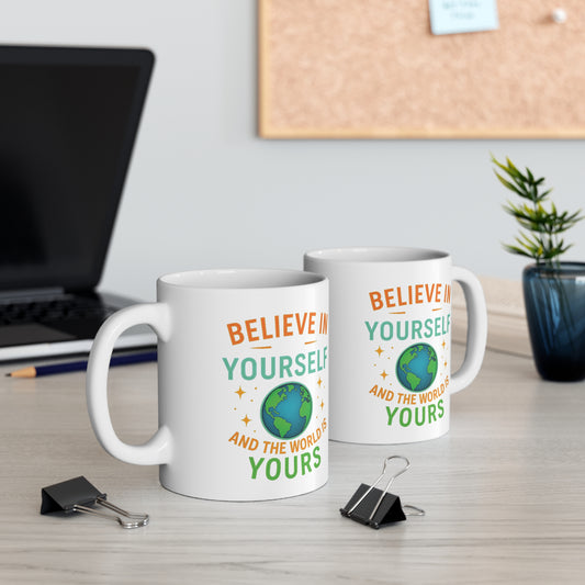 Motivational mug with globe artwork and Believe in Yourself design inspiring daily confidence by The Print Harbour