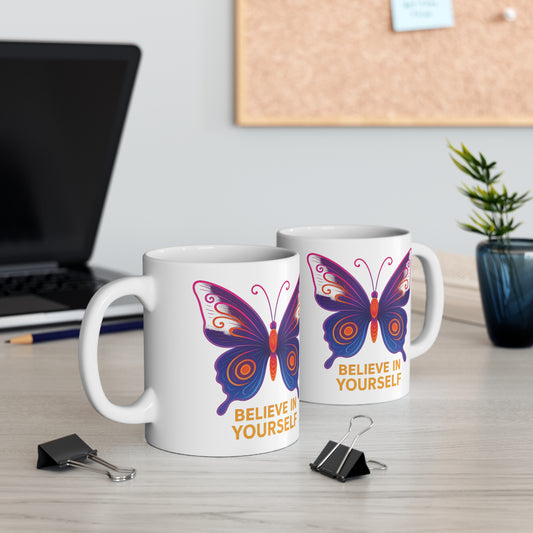 Set of 11oz and 15oz butterfly Believe In Yourself mugs shown side by side for motivational gifting by The Print Harbour