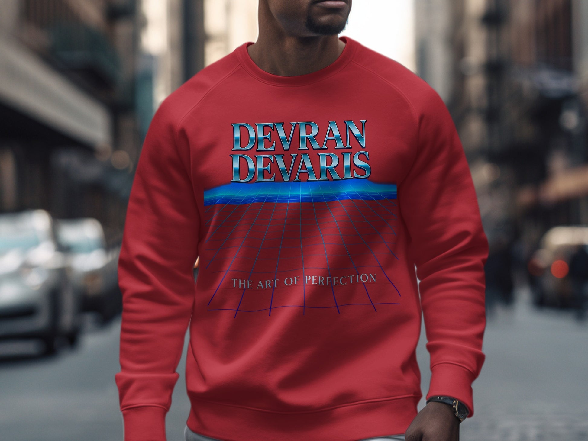Cherry Red — Devran Devaris retro grid sweatshirt in cherry red, metallic logo, unisex graphic jumper, urban streetwear look, soft mid-weight fleece.