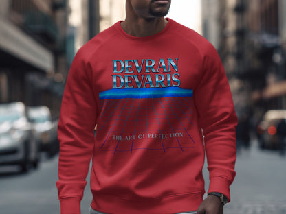Cherry Red — Devran Devaris retro grid sweatshirt in cherry red, metallic logo, unisex graphic jumper, urban streetwear look, soft mid-weight fleece.