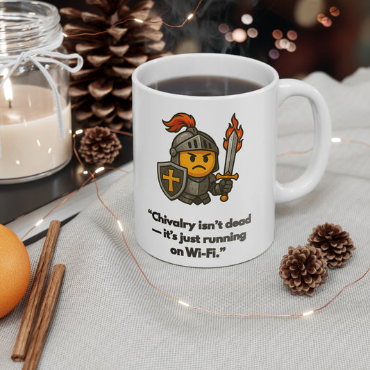 Knight Wi-Fi quote mug with pinecones, candle and cosy autumn lights in warm home setting by The Print Harbour