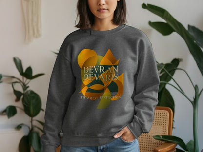 Dark Heather — Devran Devaris abstract gold geometric sweatshirt, unisex crewneck jumper, premium fleece, relaxed fit, streetwear UK.