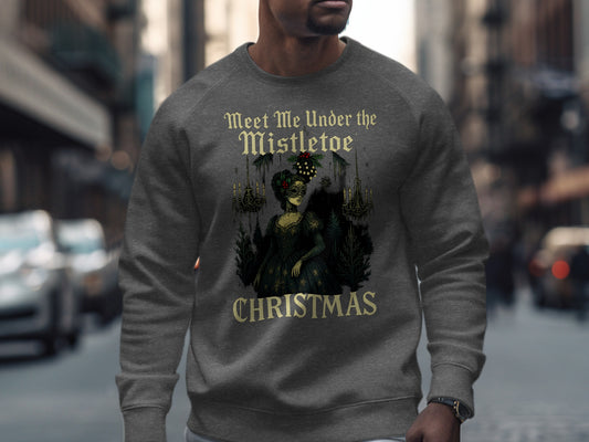 Dark heather gothic Mistletoe Christmas sweatshirt with romantic vintage artwork for unisex holiday fashion.
