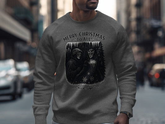 Dark Heather gothic Christmas masquerade sweatshirt detailed winter scene & ornate festive illustration by The Print Harbour