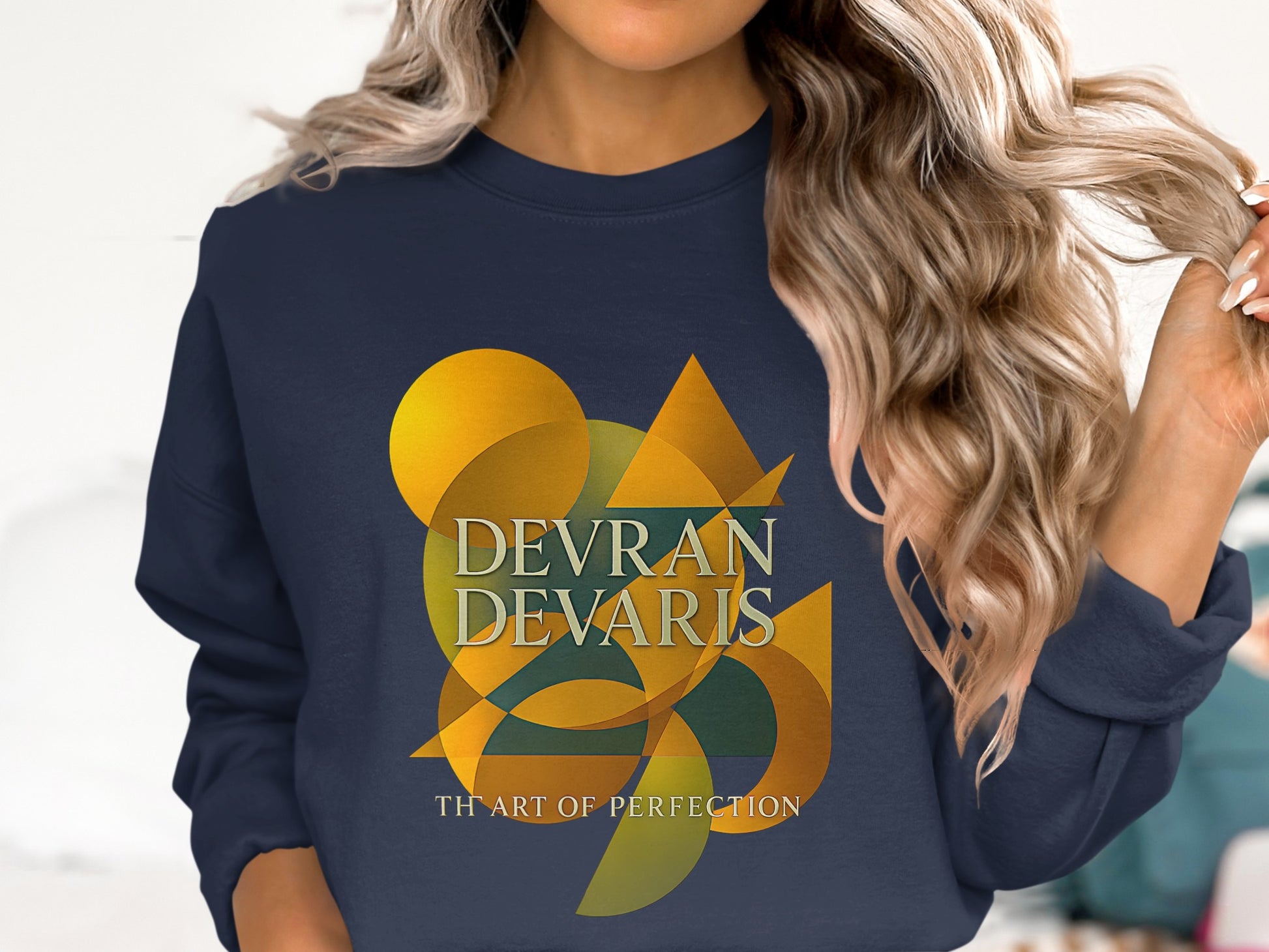 Luxury Devran Devaris abstract art sweatshirt featuring a bold geometric design. Premium cotton blend crewneck jumper made in the UK, perfect for modern art lovers seeking unique statement fashion with minimalist style and exceptional comfort.