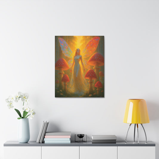 Enchanted fairy canvas print with mushroom forest, fantasy wall art UK, luminous wings detail by The Print Harbour