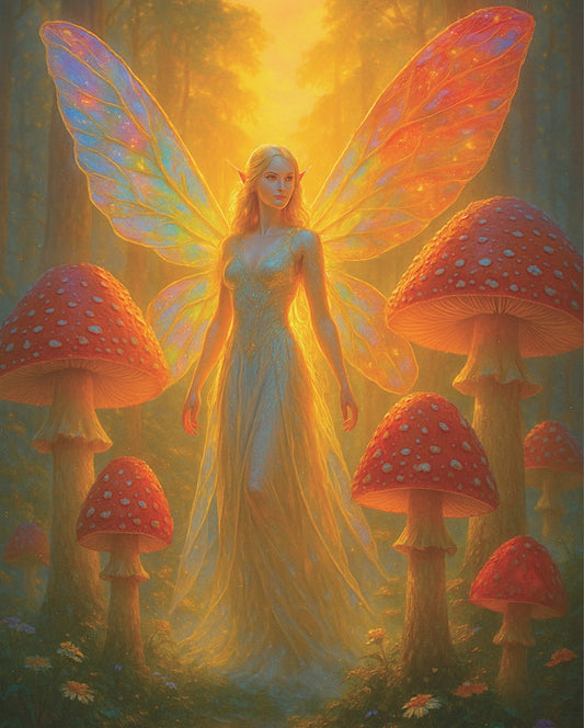 Fairy in mushroom grove canvas wall art, ethereal fantasy print with glowing wings, magical home decor by The Print Harbour