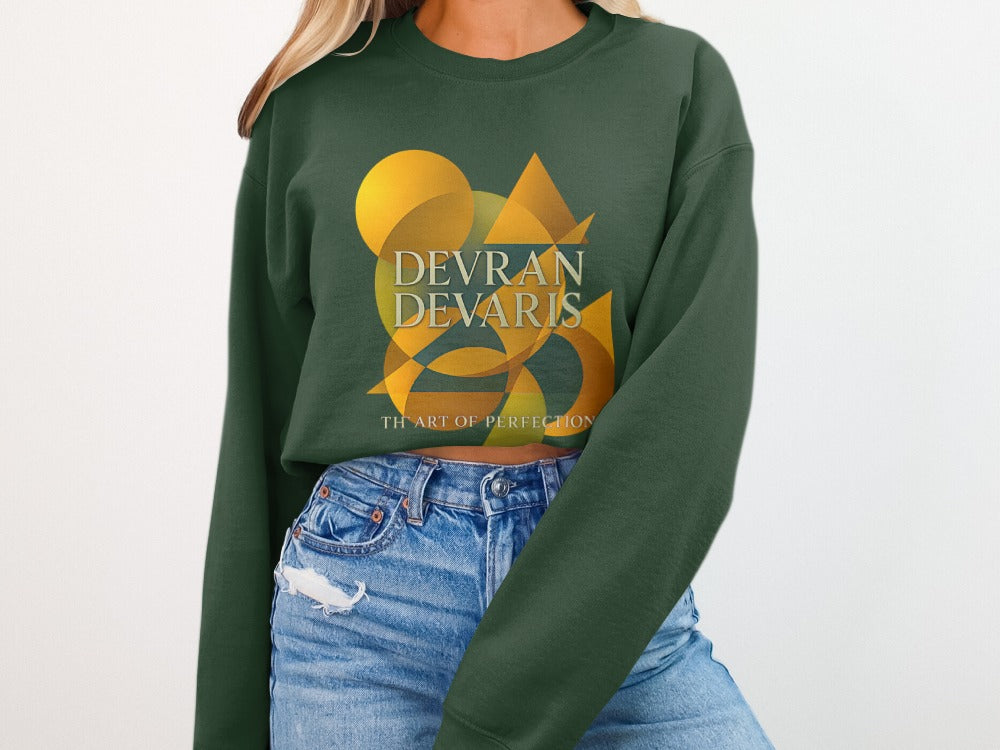 Forest Green — Devran Devaris abstract gold design on forest green sweatshirt, unisex streetwear crewneck, soft fleece comfort.