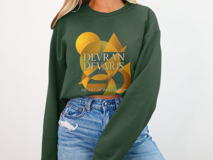Forest Green — Devran Devaris abstract gold design on forest green sweatshirt, unisex streetwear crewneck, soft fleece comfort.