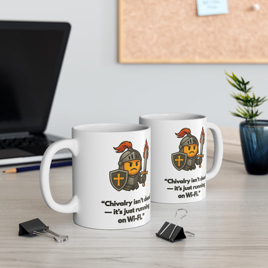 Two knight Wi-Fi joke mugs on office desk setup with laptop and stationery in bright lighting by The Print Harbour