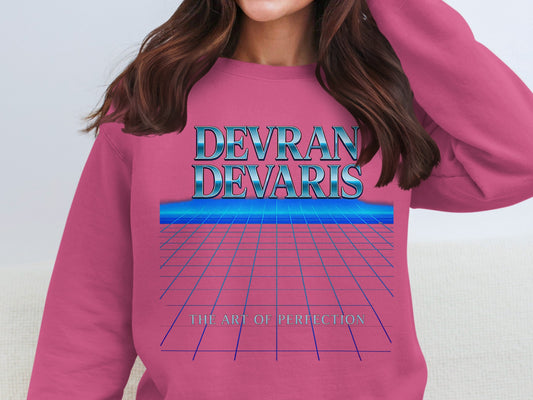 Heliconia — Bright pink Devran Devaris neon grid sweatshirt, bold retro graphic crewneck, unisex fit, soft fleece, statement fashion for streetwear lovers.
